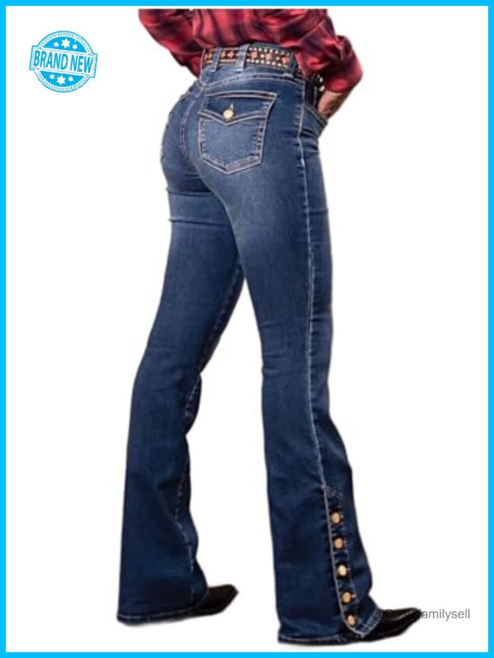 Flamingals Women's Buttoned Hem Bootcut High Stretch Jeans